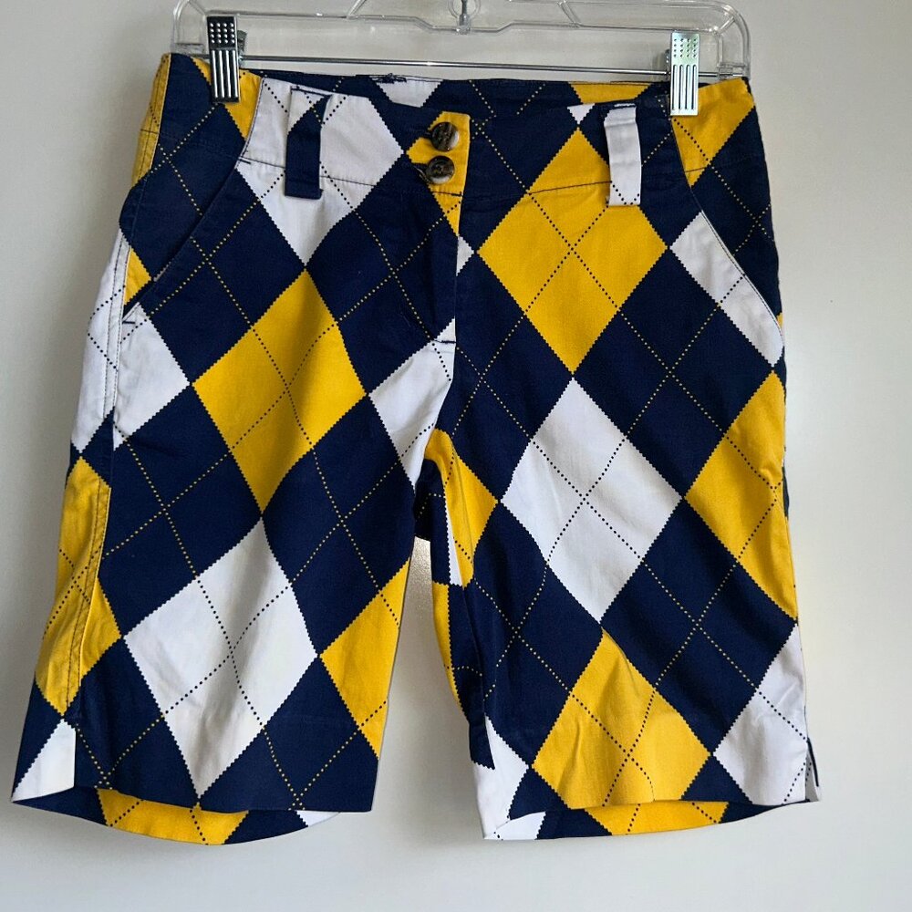 LOUDMOUTH GOLF Shorts Women's Size 0 Navy/Gold/White Argyle Diamond